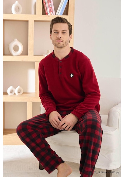 Pijamoni Erkek Düğme Yaka Kışlık Polar Pijama Takımı 6100/11,1 - 1 Adet Bordo
