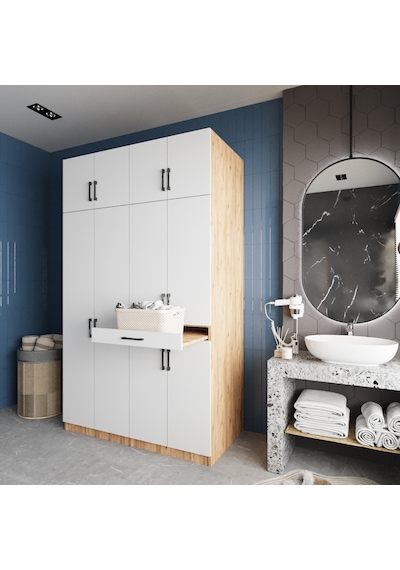 Modena Çamaşır Ve Kurutma Makinesi Dolabı Banyo Dolabı Çam Beyaz Çam Beyaz