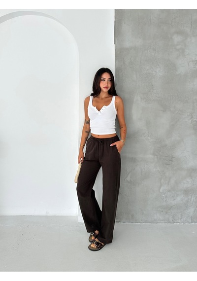 HLT Jeans Koyu Kahverengi Kadın Bel Lastik Detaylı İnce Dökümlü Baggy Keten Görünümlü Pantolon Emily-3023