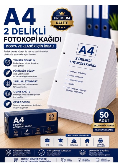 Premium A4 2 Delikli Fotokopi Kağıdı 50 Adet Dosya Ve Klasör Uyumlu Yazıcı Kağıdı