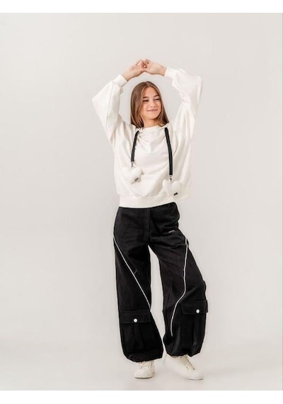 Zekids Kız Çocuk Mevsimlik Paçası Cepli Gabardin Pantolon-14767 Siyah
