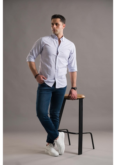 Evrytime Slimfit Yaka Düğmeli Çizgili Uzun Kol Yazlık Erkek Gömlek 001
