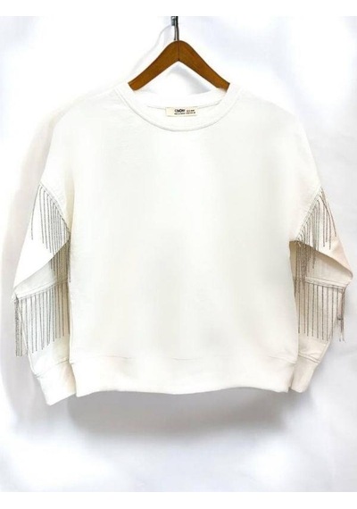 Kız Çocuk Yüzde Yüz Pamuklu İki İplik Zincir Detaylı Sweatshirt-14446 Ekru