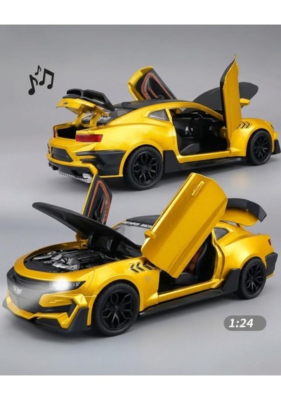 Işıklı Sesli Pilli 1:24 Ölçekli Metal Chevrolet Camaro Kapısı Kaputu Ve Bagajı Açılan Model Araba Sarı