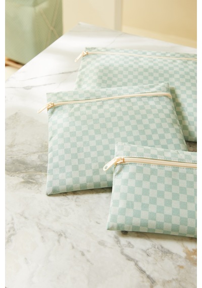 Ocean Home Textile 3'lü Su Geçirmez Pvc Astarlı Mint Dama Desen Islak Kuru Çantası 20 X 13 / 24 X 20 / 30 X 24 Cm