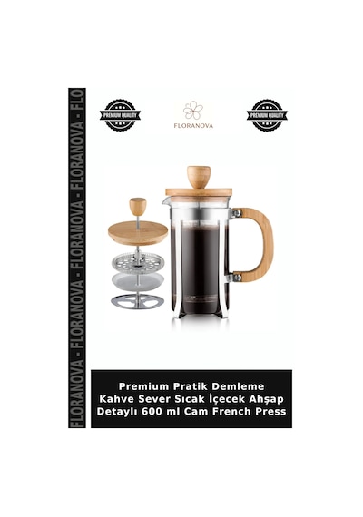Premium Pratik Demleme Kahve Sever Sıcak İçecek Ahşap Detaylı 600 Ml Cam French Press Ahşap - Şeffaf