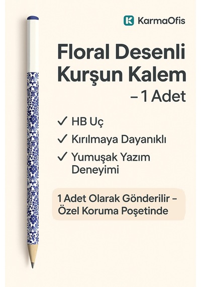 Floral Desenli Kurşun Kalem 1 Adet 2b Yazım Şık Desenli Kalem Beyaz Beyaz