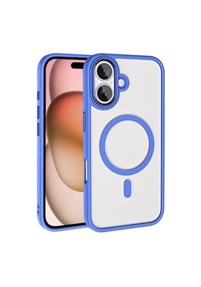 Apple Uyumlu iPhone 16 Plus Kılıf Wireless Şarj Özellikli Zore Krom M-safe Silikon Kapak Mavi