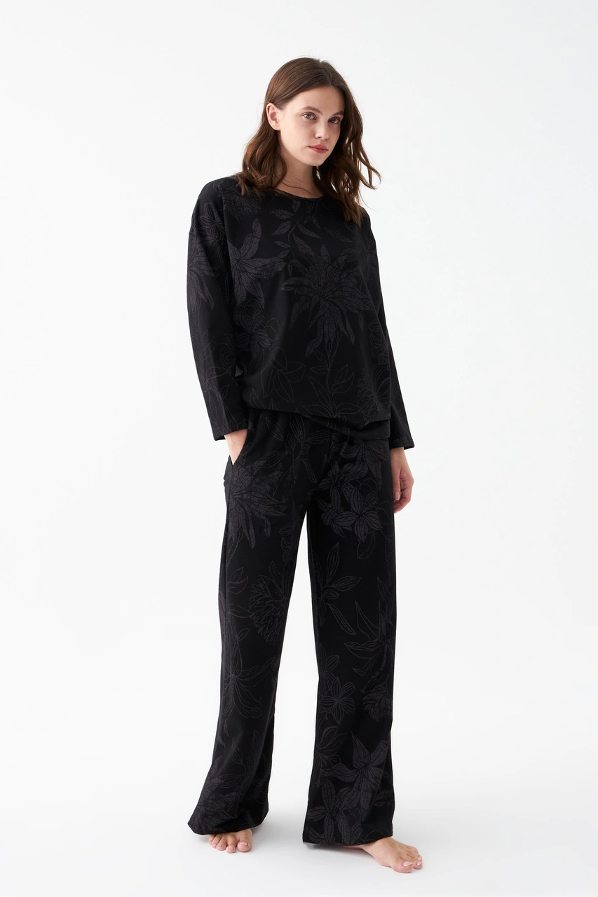 Akbeniz Kadın Oversize Siyah Çiçek Desenli Pamuklu Kalın Pijama Takımı Siyah
