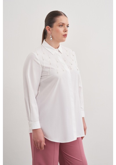 Aker İşlemeli Cotton Gömlek Beyaz Beyaz