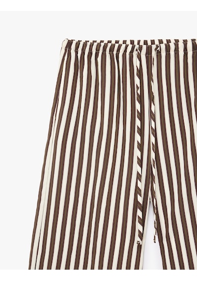 Koton Beli Bağlamalı Cepli Geniş Paça Çizgili Pantolon Kahverengi Çizgili 6sak40287pw