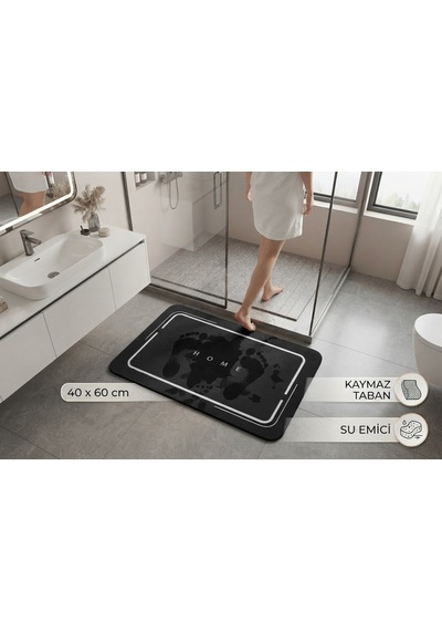 Su Emici Paspas Şık Tasarım Abdest Paspası Kaymaz Taban 40 X 60 Cm Kare Paspas Siyah - Gri Banyo Önü Paspası