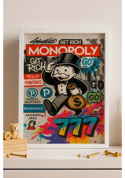 Monopoly Get Rich Çerçeveli Tablo Angel Number 777 Genç Girişimci Yatırımcı Ofisi Dekoru Street Art