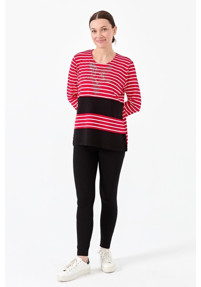 Kadın Sıfır Yaka Çizgili Önü Taşlı Penye Bluz Kırmızı Kırmızı