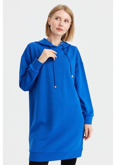 Desen Triko Kadın Kapüşonlu Sweat Elbise Saks Saks