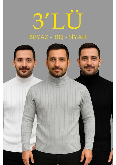 Erkek Fitilli Kazak Tam Boğazlı Balıkçı Yaka Triko 3'lü Set Beyaz-gri-siyah Çok Renkli