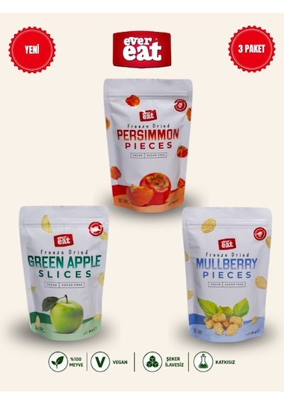 Evereat Cennet Hurması-elma-dut Freeze Dry Meyve Cipsi 3'lü Paket Doğal Atıştırmalık 1 Adet