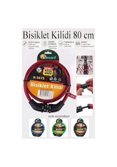 Şifreli Bisiklet Kilidi 80 Cm 1 Adet K-3675 Çelik Halat Plastik Kaplamalı Bisiklet Kiliti Scooter Kapı Şifreli Kilit Kırmızı