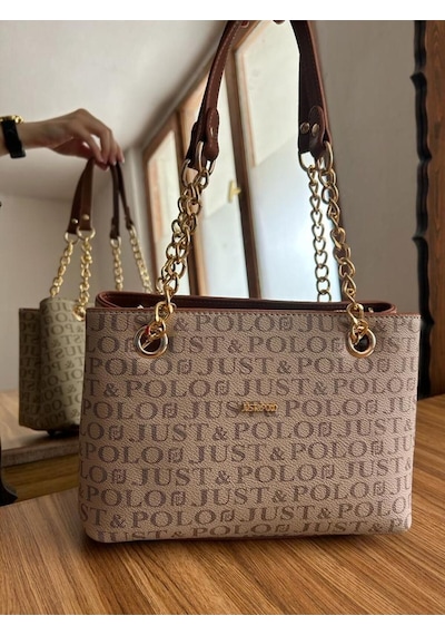 Just Polo Desenli Orta Boy Kadın El Ve Omuz Çantası Bej