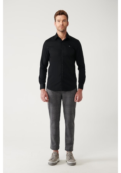 Avva Erkek Siyah Gömlek Klasik Yaka %100 Pamuk Saten Slim Fit Dar Kesim  B002006 Siyah