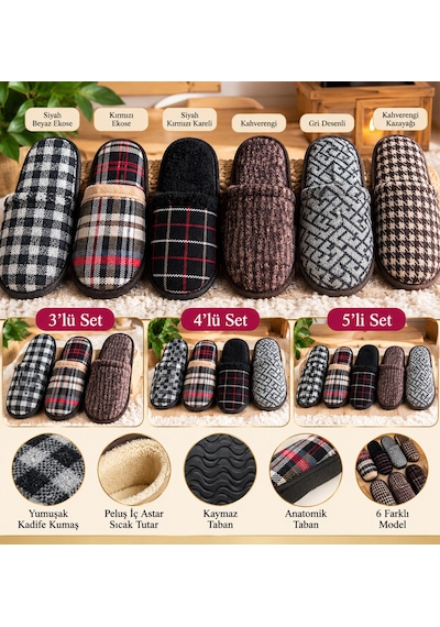 3'lü Karışık Erkek Ev Terliği, Misafir Terliği, Çeyiz Bohça Terliği, Damat Terliği Siyah - Taba
