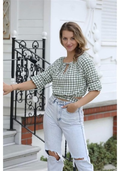 Lodmela Bağlama Detaylı Crop Bluz 1736yeşil