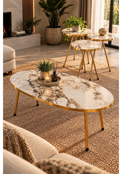Sulorahome Beyaz Ve Gold Metal Ayaklı 4'lü Sehpa Seti Tablalar Beyaz Mermer / Ayaklar Gold