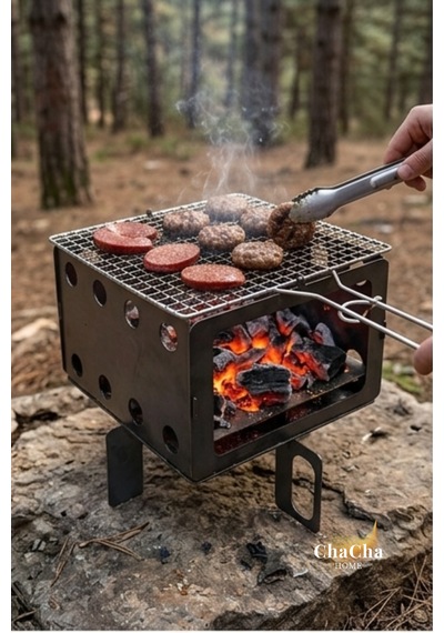Taşınabilir Katlanabilir Kamp Ocağı & Ateş Çukuru Portatif Outdoor Mangal Metalik Gri