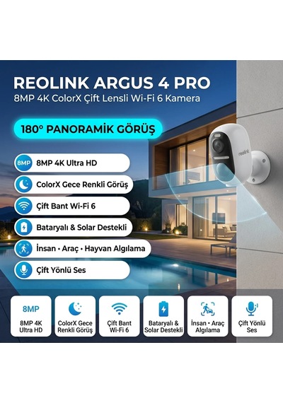 Reolink Argus 4 Pro 8mp 4k Colorx 180 Derece Çift Lens Bataryalı Kamera