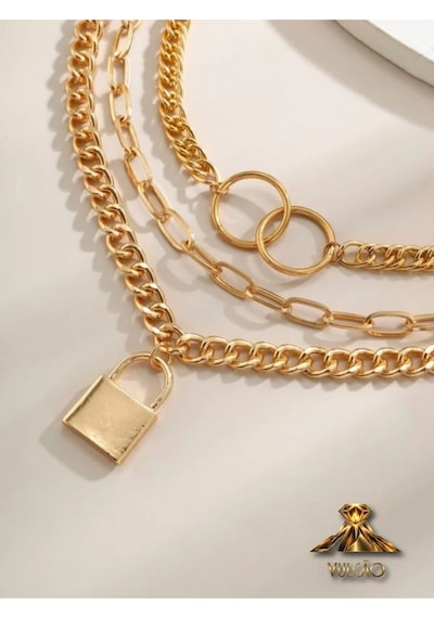 Gold Renk Kilit Ve Halka 3 Katmanlı Kolye Altın