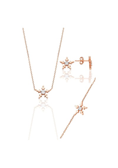 Gümüş Rose Zirkon Tek Taşlı Buz Kristali Kar Tanesi Kolye Küpe Ve Bileklik Üçlü Set Altın