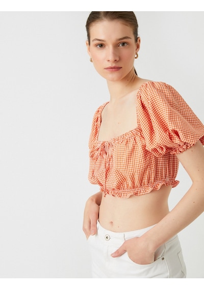 Koton Crop Bluz Kare Yaka Balon Kollu Turuncu Ekose 2sak60189ew 2SAK60189EW2C0 Turuncu