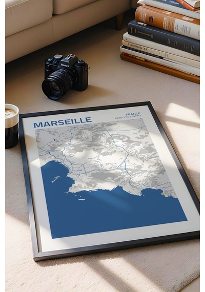 Marsilya Fransa France Haritası Çerçeveli Tablo Lüks Salon Ofis Duvar Dekorasyonu Hediyelik Tablo