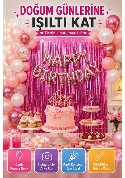 Pembe Folyo Parti Perdesi 100x200 Cm Doğum Günü Baby Shower Arka Fon Süs Dekoru