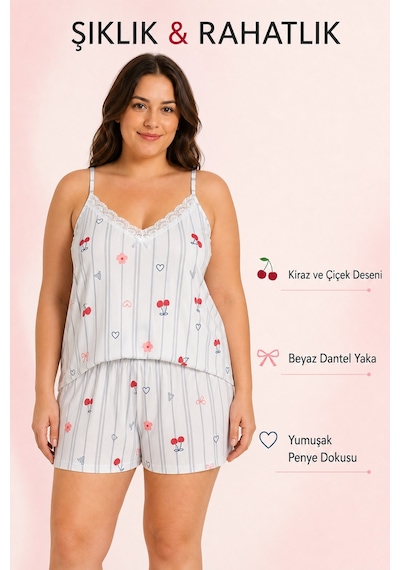 Bravie Kadın Büyük Beden İp Askılı Yakası Dantelli Çiçek Ve Kiraz Desenli Yazlık Pijama Takımı Beyaz