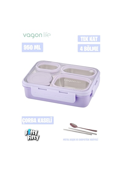 Vagonlife Lunch Box 950 ML Paslanmaz Çelik Tek Kat Dört Bölmeli Çorba Kaseli Metal Kaşıklı-fflbox7099