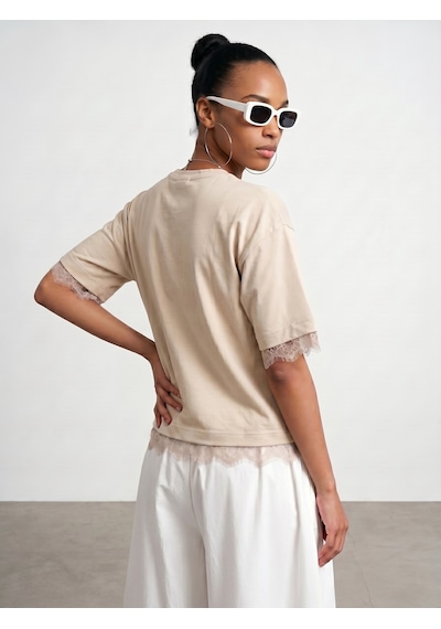Dilvin 32826 Dantel Detaylı Kısa Kollu T-shirt-taş