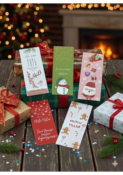 5 Adet Yılbaşı Konsept Ayraç - Yılbaşı Paketleme Kartı - Yılbaşı Hediyesi - Kitap Ayracı 6x15cm
