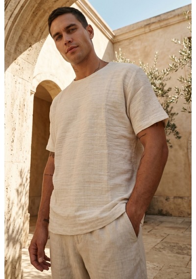 Combattente Exclusive Products Kısa Kol Oversize Müslin Erkek Tshirt - 2026 Erkek Tişört Kreasyonu Ekru