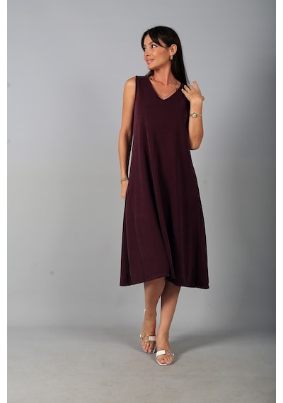 By Saygı Kadın V Yaka Ön Pervazlı Pike Kumaş Kolsuz Oversize Midi Elbise Mürdüm