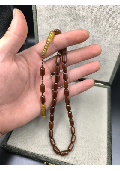 Osmanlı Benzetme Sıkma Kehribar Tesbih Tütün Kehribarı, 12x7 Mm Gümüş