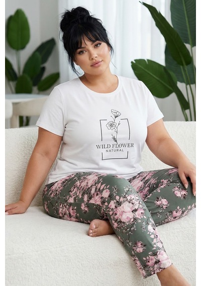 Siyah İnci Desenli Pamuklu Büyük Beden Battal Boy Örme Pijama Takım 26113902 Ekru
