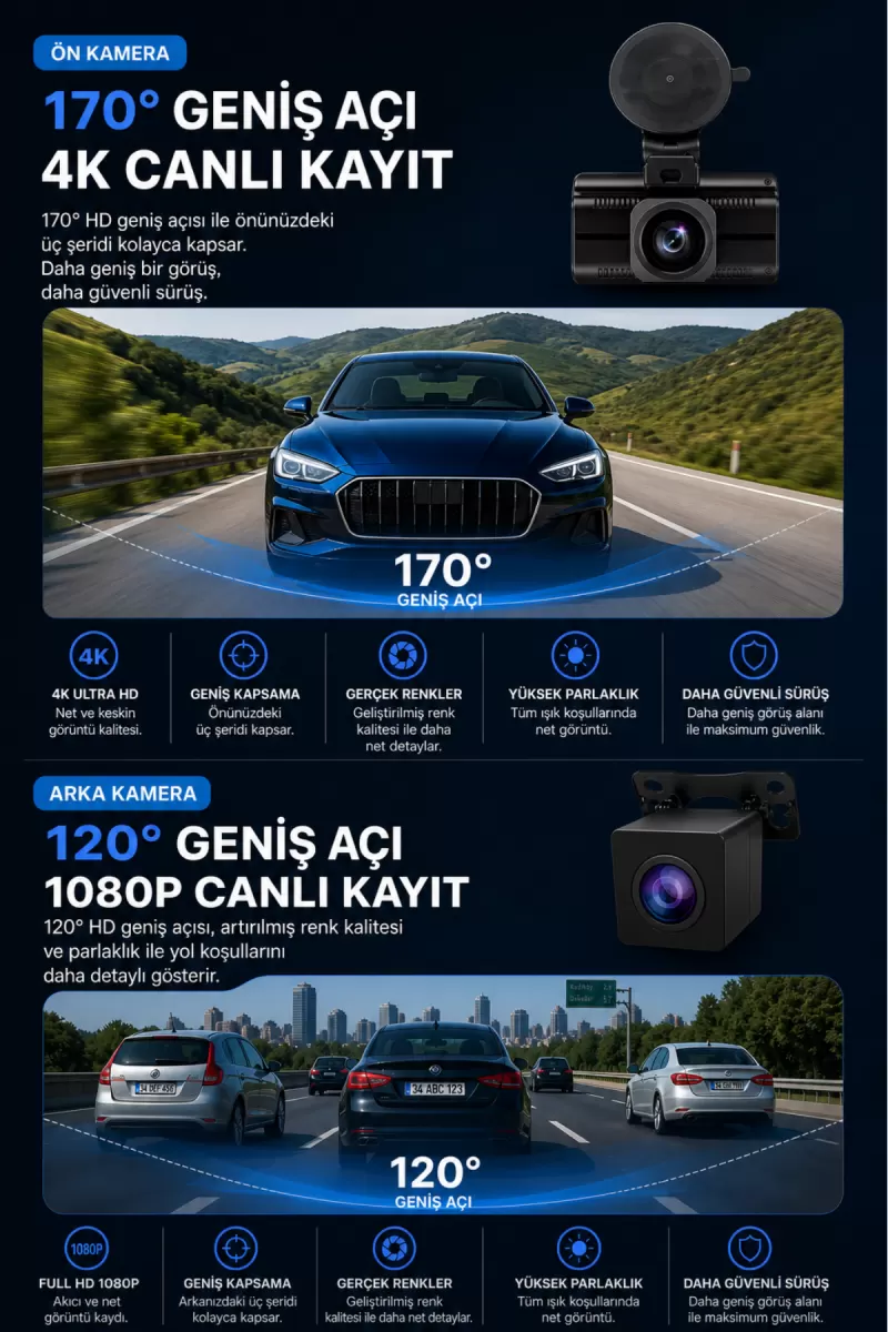 4k Araç İçi Kamera 3 Kameralı Ön-arka-iç Wifi Gps Park Modu Gece Görüşlü Araç İçi Kamera F6 Dash Cam