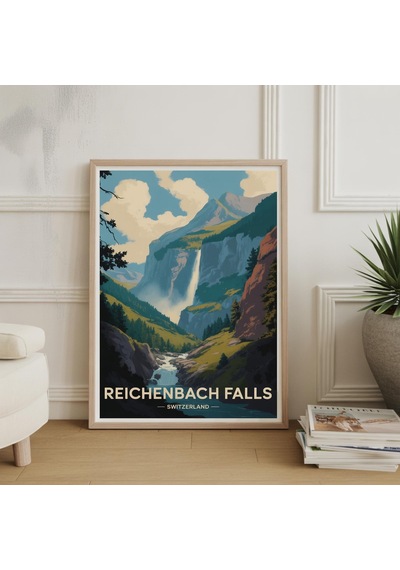 Reichenbach Şelaleleri İsviçre Seyahat Posteri Manzaralı Alp Doğası Sanatı