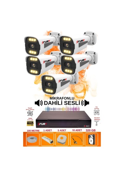 Fury 5 Li Sesli 6 Warm Led Gece Renkli Görüş Su Geçirmez Güvenlik Kamerası Seti 320gb