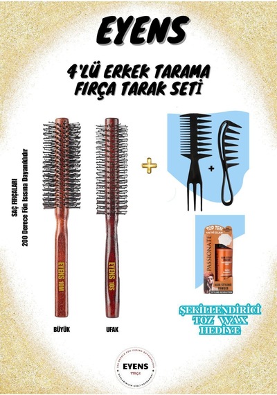 Eyens 4'lü Erkek Tarama Fırça Tarak Seti Şekillendirici Toz Wax Hediyeli