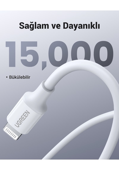 Ugreen Usb-c - Lightning 3a Pd Mfi Sertifikalı Hızlı Şarj Kablosu, 2 M, Beyaz, 60749 2 Metre
