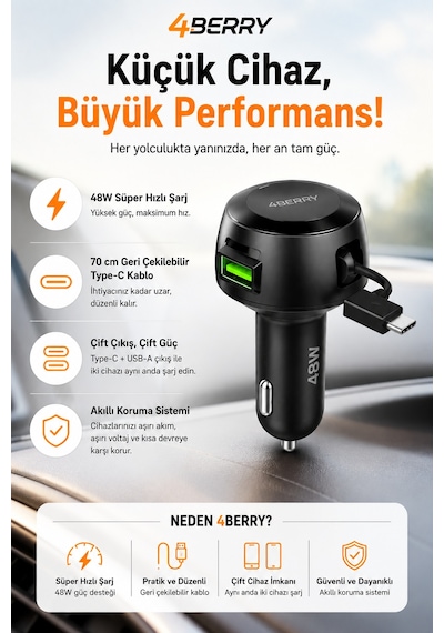 4berry 48w Süper Hızlı Şarj Destekli Geri Çekilebilir Kablolu Araç Şarj Cihazı