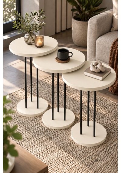 Sulorahome Metal Terra Zigon Sehpa Takımı Krem Bej 3'lü