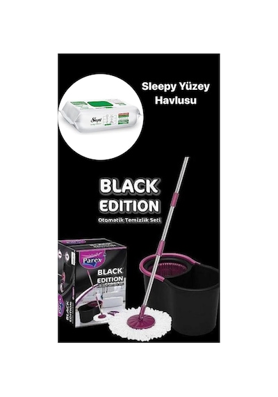 Parex Black Edition Otomatik Temizlik Seti - Kova Mop Seti--sleepy Easy Clean Yüzey Temizlik Havlusu